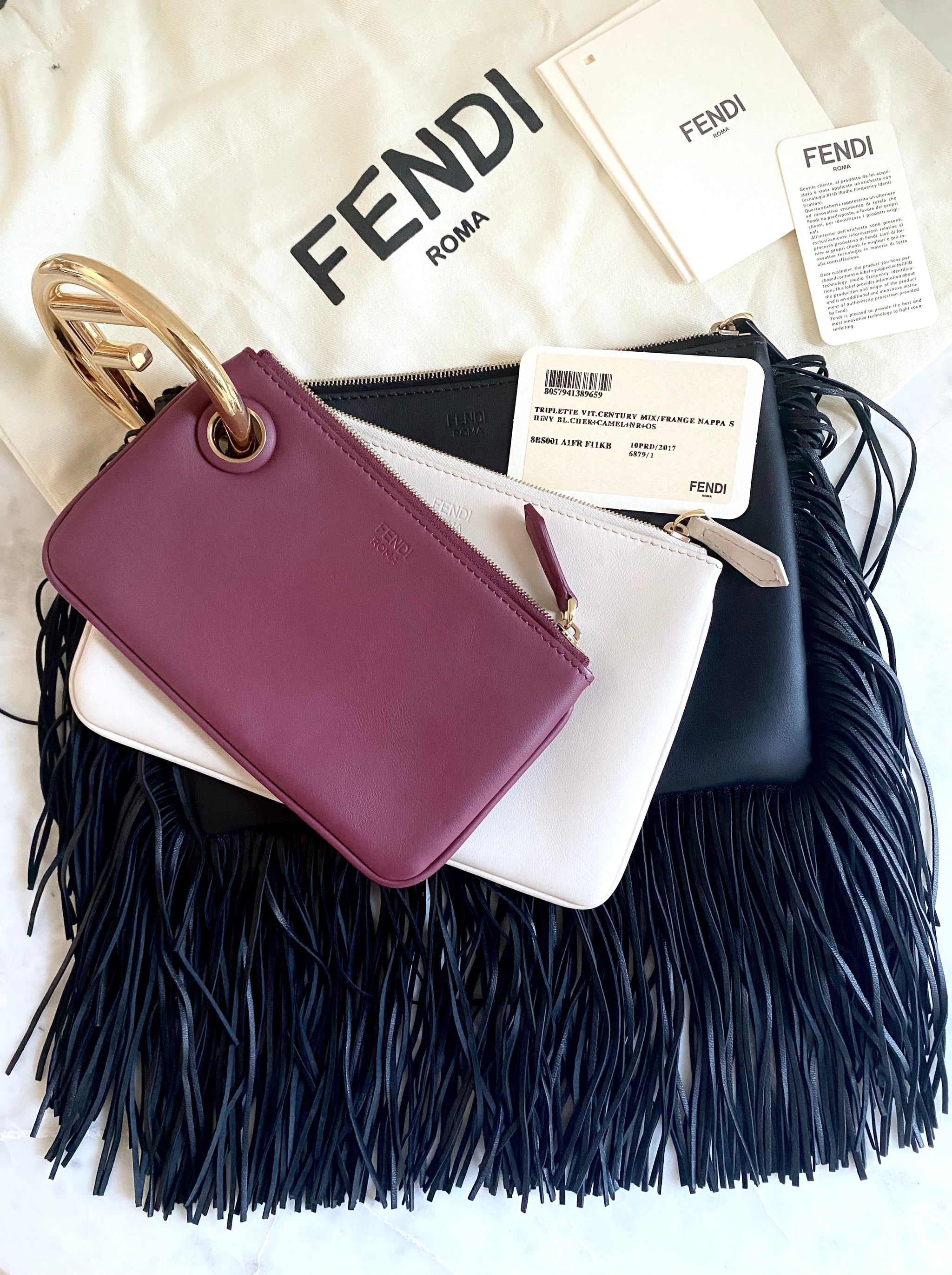 Rare Fendi Triplette Pouch w Fringe Pickled Vintage