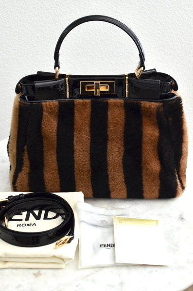 Fendi Peekaboo Shearling Pequin Tobacco Black