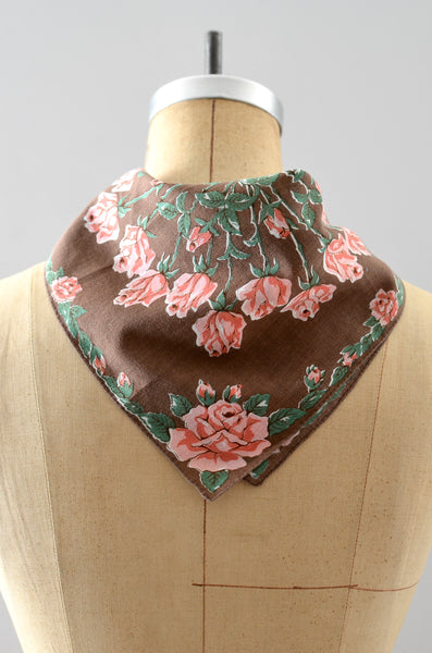 1950s Handkerchief Brown Rose