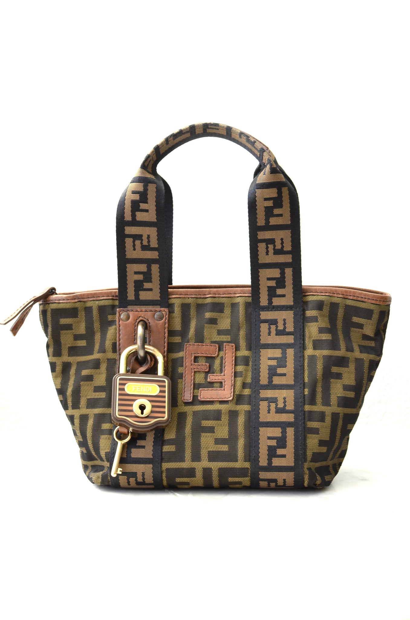 Auth FENDI ZUCCA Tote PM Canvas Leather GHW Vintage
